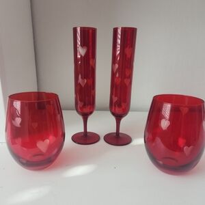 Pier 1 Valentine RED Glass Etched Heart Champagne Flutes & stemless wine glasses